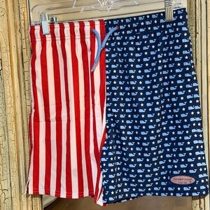 Vineyard Vines Boys’ Red Striped and Blue Star Swim Trunks